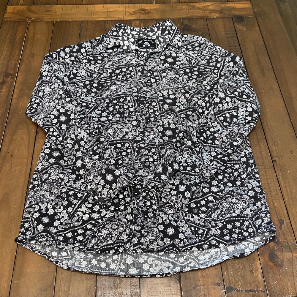 Rock Roll-n-Soul Free Bird Bandana Print Button Down Shirt Mens XL Black White